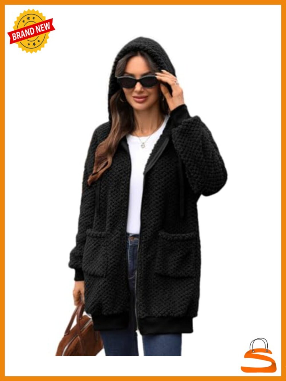 Sherpa Fleece Zip-Up Hoodie Jacket with Pockets Loose Fit
